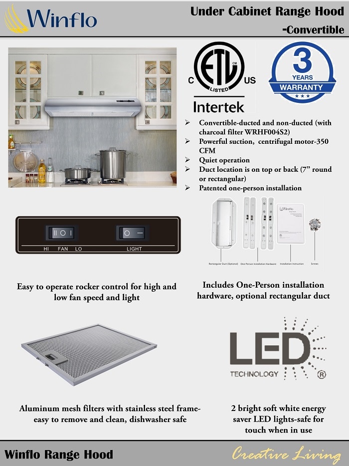 Winflo 30 in. 350 CFM Convertible Under Range Hood in Stainless